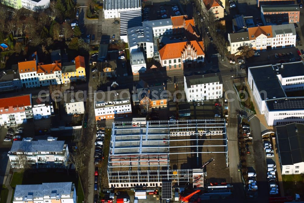 Aerial photograph Bernau - Construction site for the new parking garage on Breitscheidstrasse in Bernau in the state Brandenburg, Germany