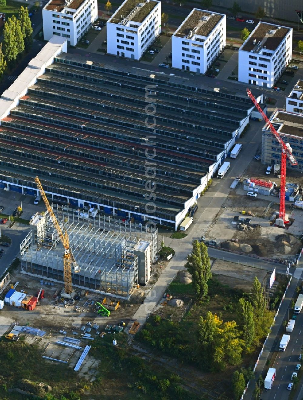 Berlin from above - Construction site for the new parking garage Rudower Chaussee - Hermann-Dorner-Allee in the district Adlershof in Berlin, Germany