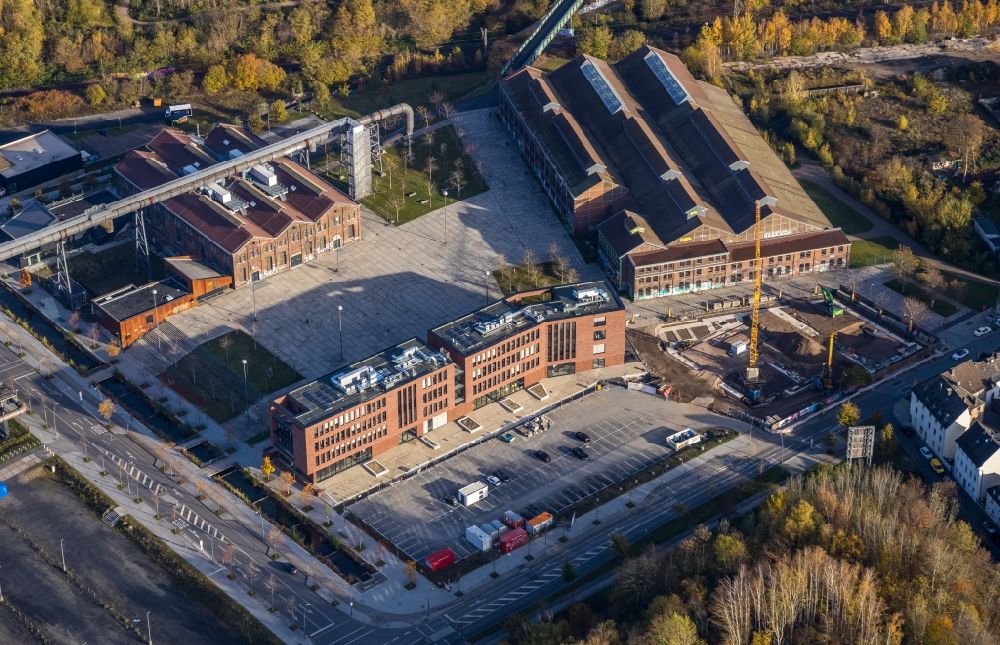 Aerial photograph Dortmund - Construction site for the new parking garage of Phoenixwerk BT II Dortmund on Phoenixplatz with the old factory hall in the district Hoerde in Dortmund in the state North Rhine-Westphalia, Germany