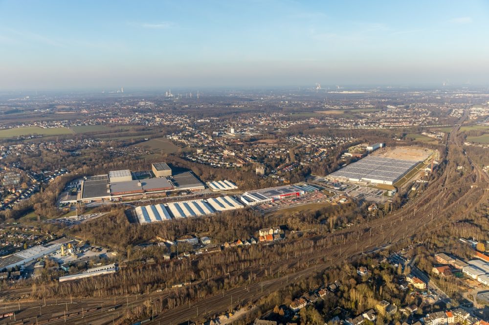 Bochum from above - Construction site for the new building Production and logistics halls at the former OPEL plant II and III in Langendreer in Bochum in the state North Rhine-Westphalia