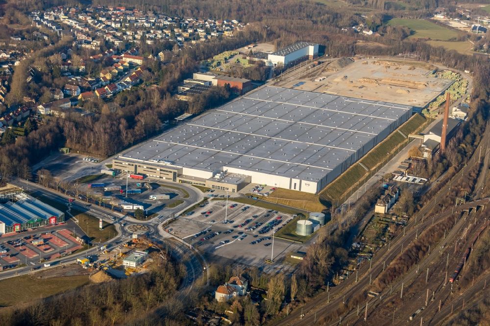 Aerial image Bochum - Construction site for the new building Production and logistics halls at the former OPEL plant II and III in Langendreer in Bochum in the state North Rhine-Westphalia