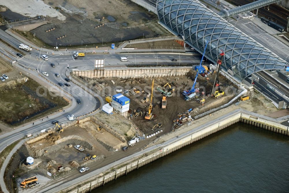 Hamburg from the bird's eye view: Construction site for the new building of an Office building - Ensemble on Zweibrueckenstrasse - Kirchenpauerkai in the district HafenCity in Hamburg, Germany