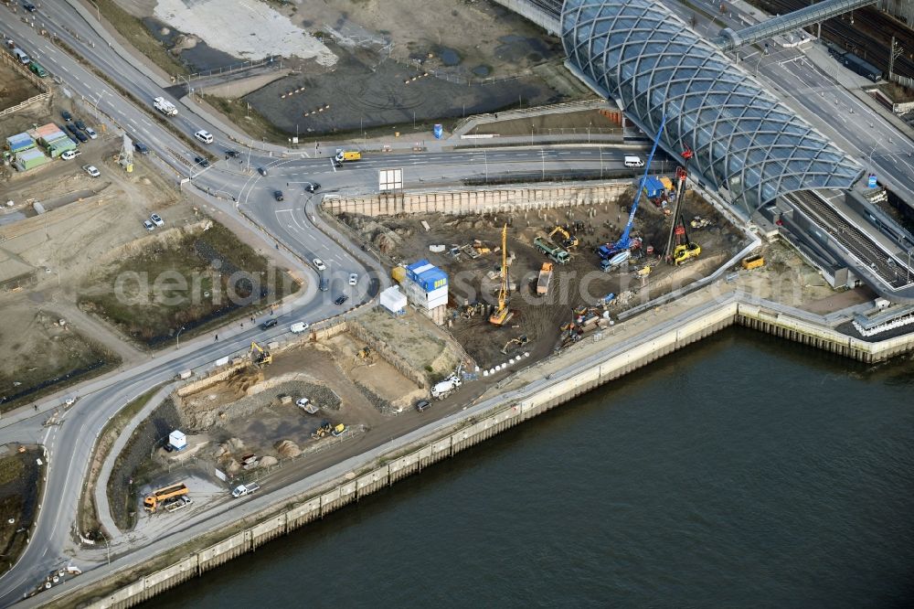 Aerial photograph Hamburg - Construction site for the new building of an Office building - Ensemble on Zweibrueckenstrasse - Kirchenpauerkai in the district HafenCity in Hamburg, Germany