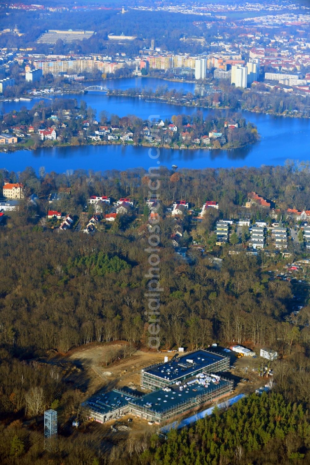 Aerial photograph Potsdam - Construction site for the new building Regionalzentrale of Deutschen Wetterdienstes (DWD) on Michendorfer Chaussee in the district Potsdam Sued in Potsdam in the state Brandenburg, Germany