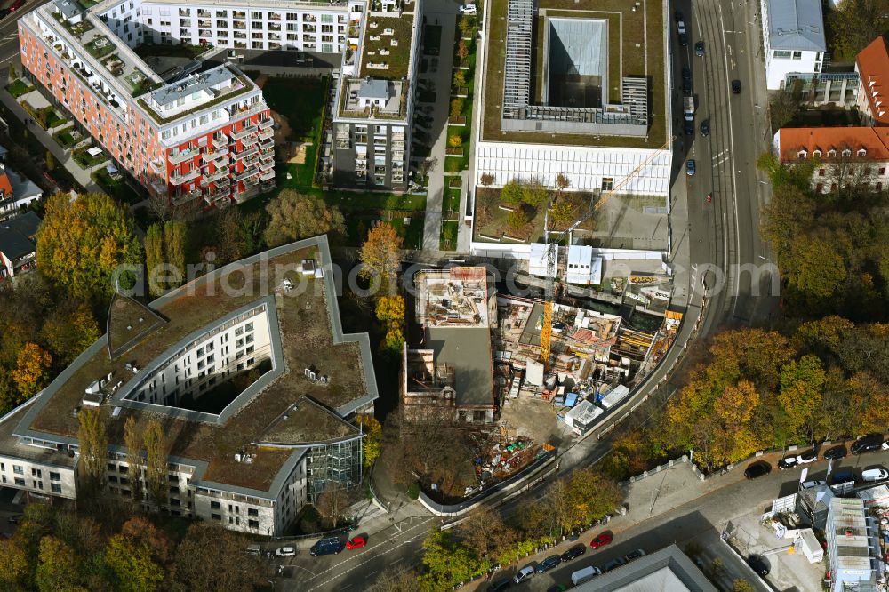 Aerial photograph München - construction site for new building of the restaurant of Paulaner Brauerei Gruppe on street Ohlmuellerstrasse - Reger- und Hochstrasse in the district Au-Haidhausen in Munich in the state Bavaria, Germany