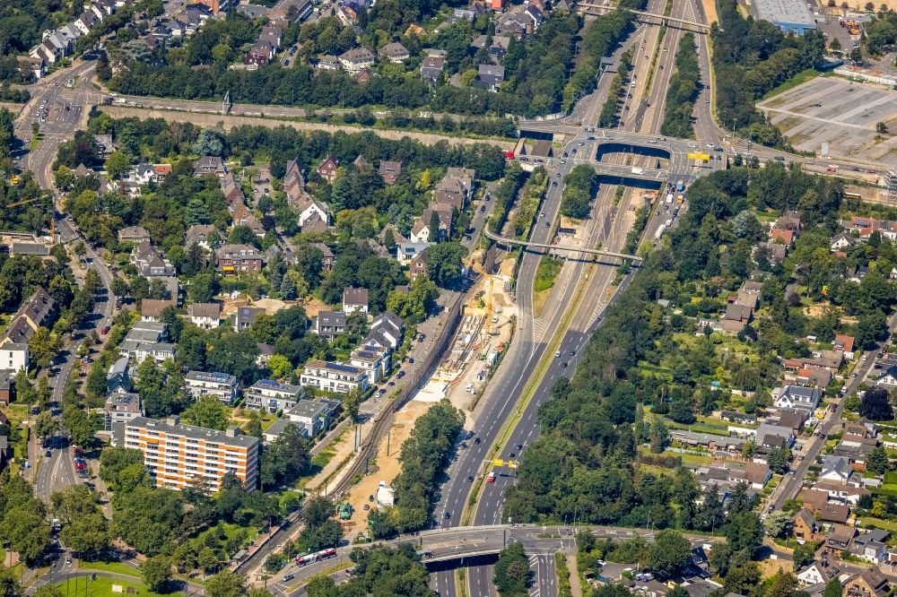 Düsseldorf from the bird's eye view: Construction site for a rail track and overhead wiring harness in the route network of the Stadtbahn U81 in the district Stockum in Duesseldorf at Ruhrgebiet in the state North Rhine-Westphalia, Germany