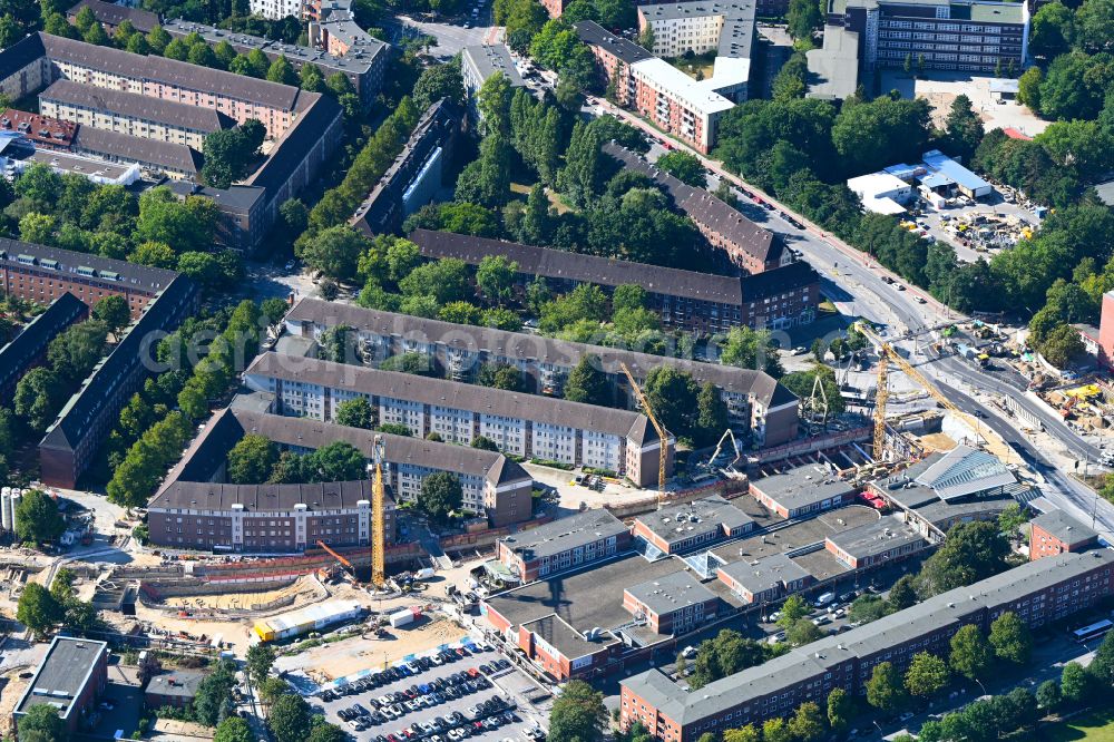 Hamburg from above - Construction site for new train- tunnel construction of U-Bahn-Verlaengerung on U-Bahnhof Honer Rennbahn in Hamburg, Germany