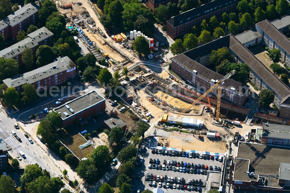 Aerial image Hamburg - Construction site for new train- tunnel construction of U-Bahn-Verlaengerung on U-Bahnhof Honer Rennbahn in Hamburg, Germany
