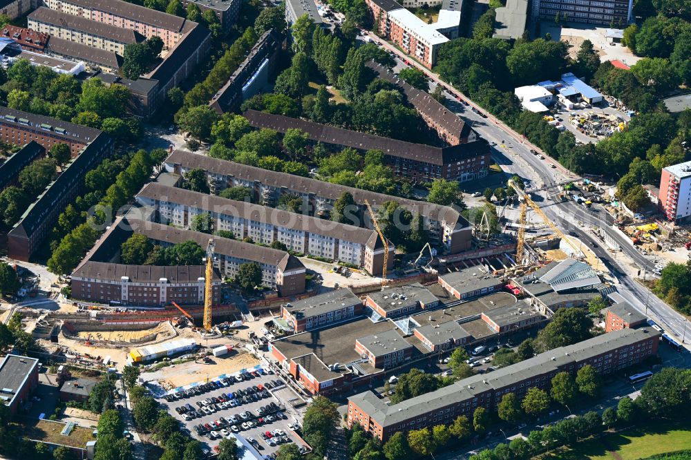 Aerial photograph Hamburg - Construction site for new train- tunnel construction of U-Bahn-Verlaengerung on U-Bahnhof Honer Rennbahn in Hamburg, Germany