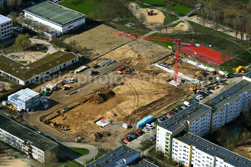 Berlin from above - New construction site of the school building Gymnasium with Sporthalle on street Erich-Kaestner-Strasse in the district Kaulsdorf in Berlin, Germany