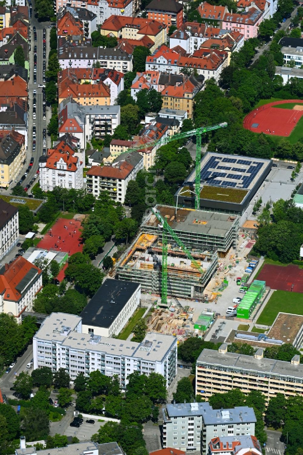 Aerial photograph München - New construction site of the school building on Albrechtstrasse in the district Neuhausen-Nymphenburg in Munich in the state Bavaria, Germany