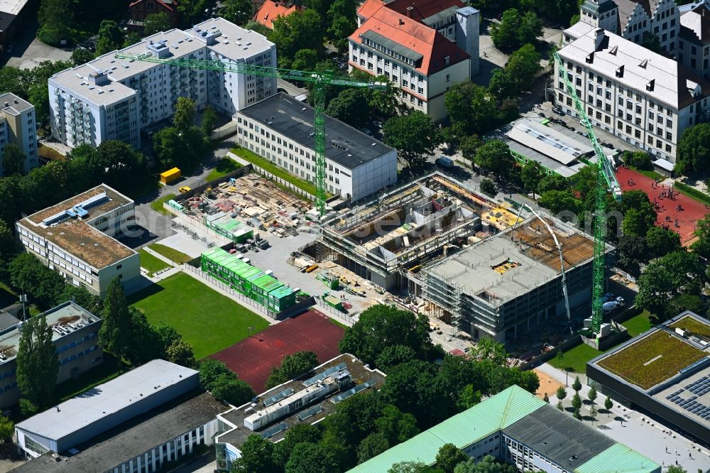 München from above - New construction site of the school building on Albrechtstrasse in the district Neuhausen-Nymphenburg in Munich in the state Bavaria, Germany