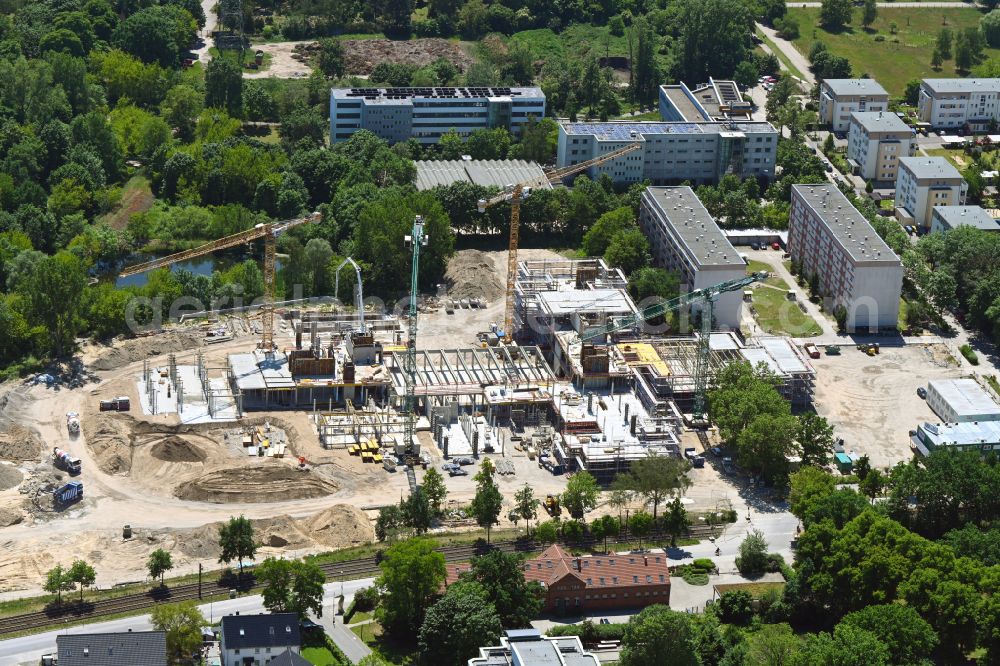 Berlin from above - New construction site of the school building on Allee of Kosmonauten in the district Lichtenberg in Berlin, Germany