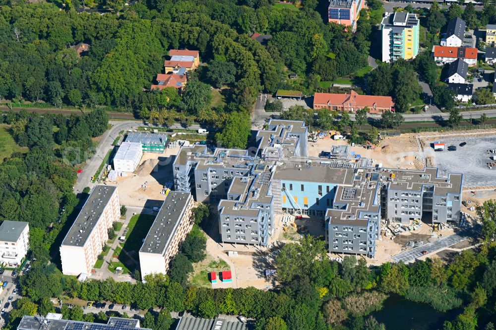 Berlin from the bird's eye view: New construction site of the school building on Allee of Kosmonauten in the district Lichtenberg in Berlin, Germany