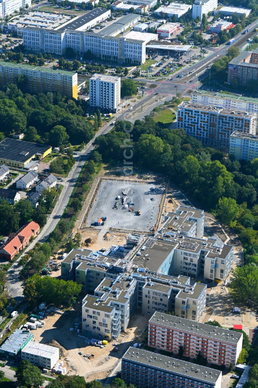 Berlin from above - New construction site of the school building on Allee of Kosmonauten in the district Lichtenberg in Berlin, Germany