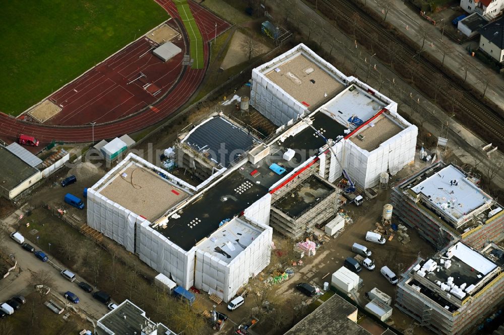 Aerial photograph Berlin - Construction site for the new school building of the International Lomonossow Campus on the Allee der Kosmonauten in the Marzahn district in Berlin, Germany