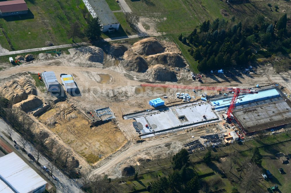 Panketal from above - New construction site of the school building a primary school on street Schoenower Strasse - Elbestrasse in the district Zepernick in Panketal in the state Brandenburg, Germany