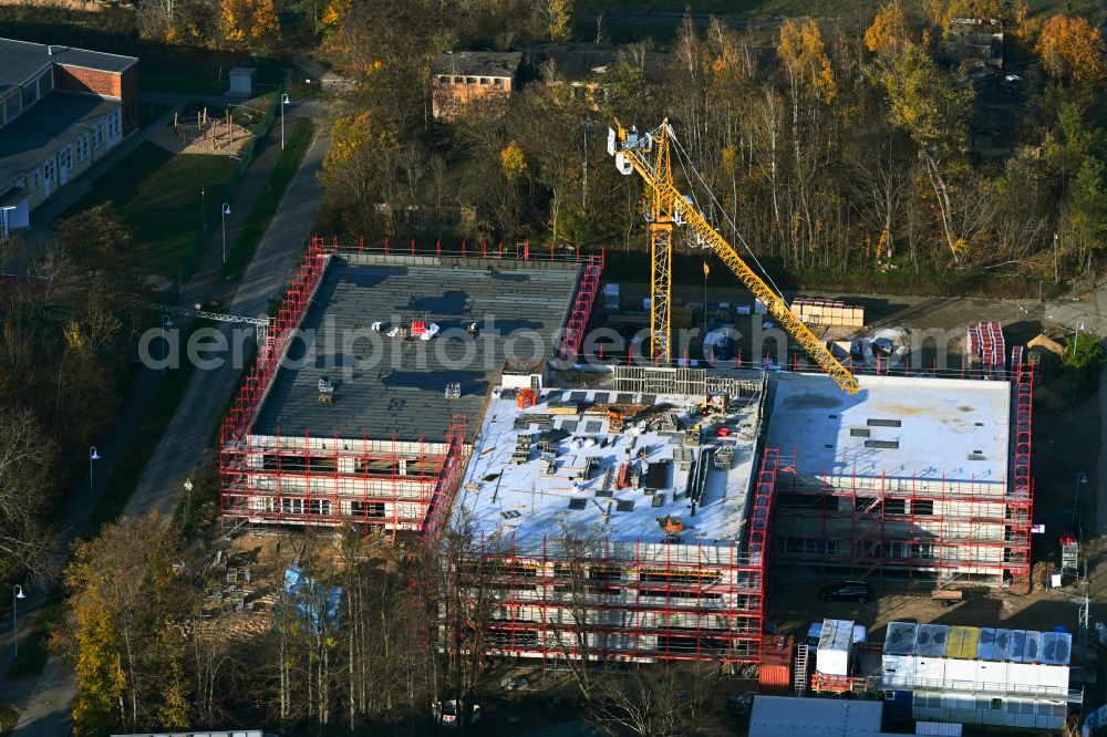 Werneuchen from the bird's eye view: New construction site of the school building Grundschule Im Rosenpark on street Goldregenstrasse in Werneuchen in the state Brandenburg, Germany