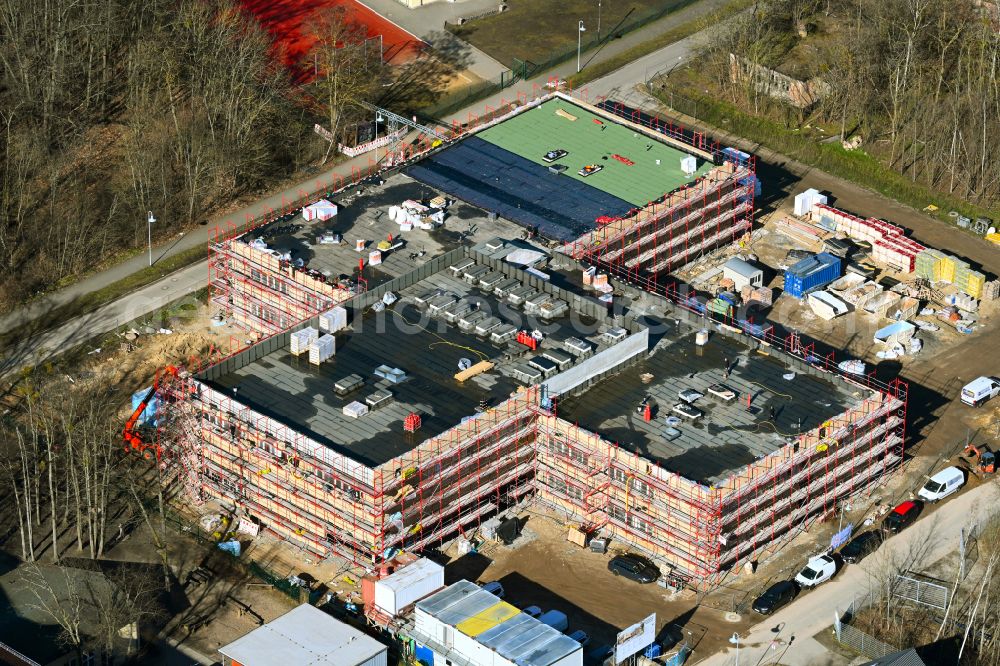 Werneuchen from above - New construction site of the school building Grundschule Im Rosenpark on street Goldregenstrasse in Werneuchen in the state Brandenburg, Germany
