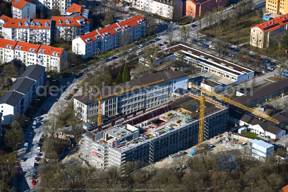 München from the bird's eye view: New construction site of the school building Grundschule on Senftenauerstrasse in the district Hadern in Munich in the state Bavaria, Germany