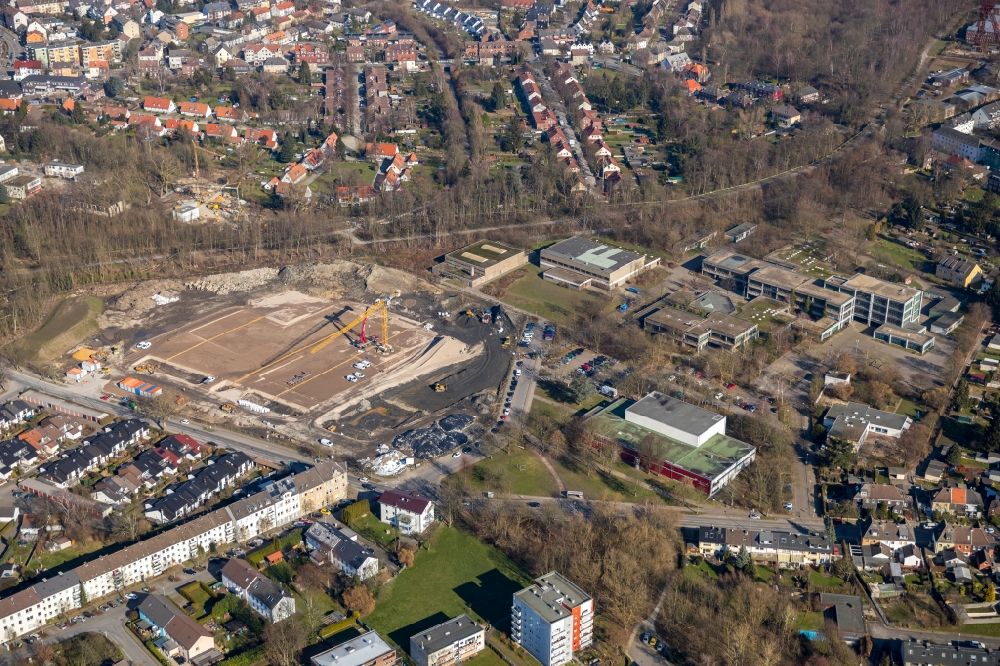 Essen from the bird's eye view: New construction site of the school building of Gustav-Heinemann-Schule along the Schonnebeckhoefe in Essen in the state North Rhine-Westphalia, Germany