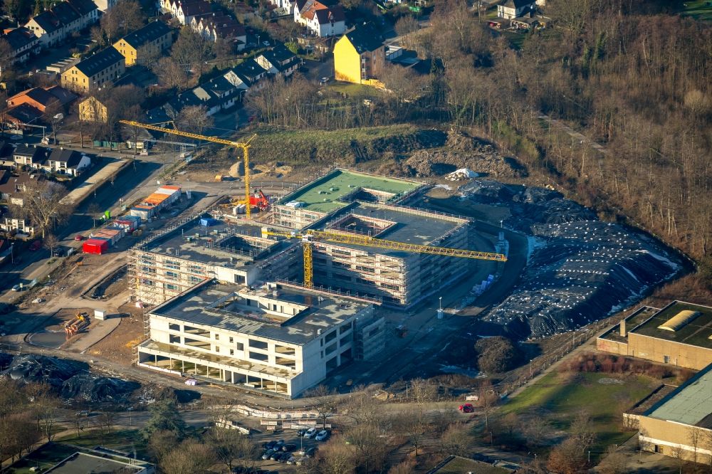 Essen from above - New construction site of the school building of Gustav-Heinemann-Schule along the Schonnebeckhoefe in Essen in the state North Rhine-Westphalia, Germany