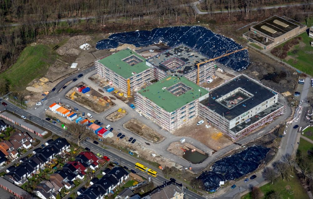 Essen from above - New construction site of the school building of Gustav-Heinemann-Schule along the Schonnebeckhoefe in Essen in the state North Rhine-Westphalia, Germany