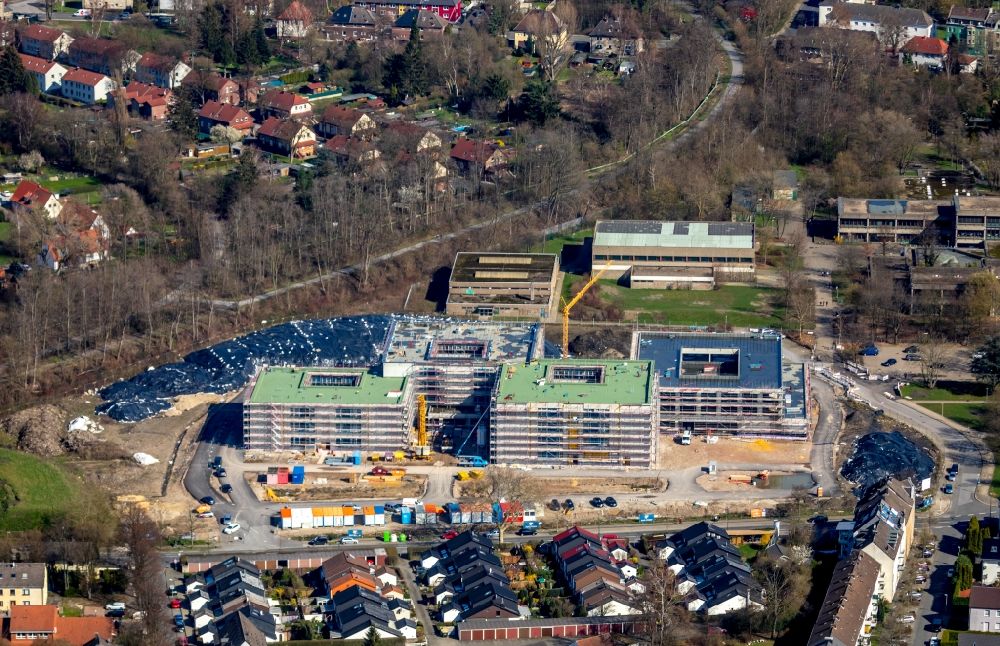 Aerial photograph Essen - New construction site of the school building of Gustav-Heinemann-Schule along the Schonnebeckhoefe in Essen in the state North Rhine-Westphalia, Germany