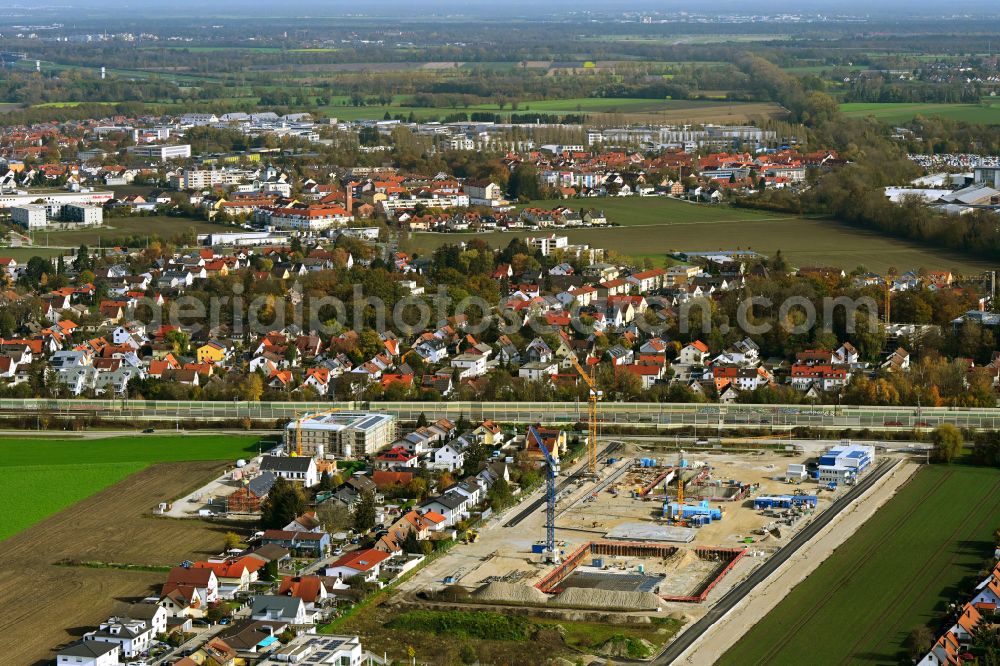 Aerial photograph Karlsfeld - New construction site of the school building - Gymnasium on street Bayernwerkstrasse - Ackerstrasse und Suedenstrasse in Karlsfeld in the state Bavaria, Germany