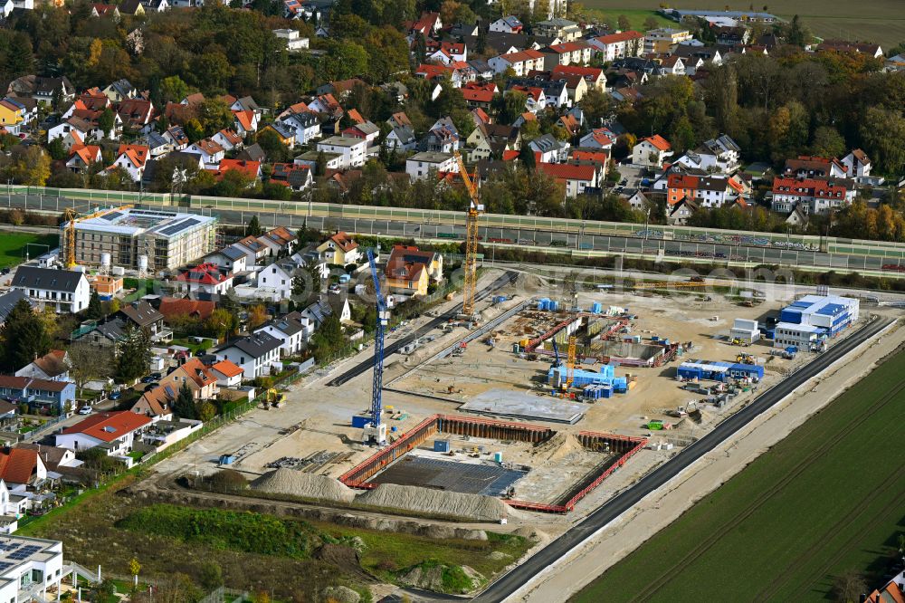 Karlsfeld from the bird's eye view: New construction site of the school building - Gymnasium on street Bayernwerkstrasse - Ackerstrasse und Suedenstrasse in Karlsfeld in the state Bavaria, Germany
