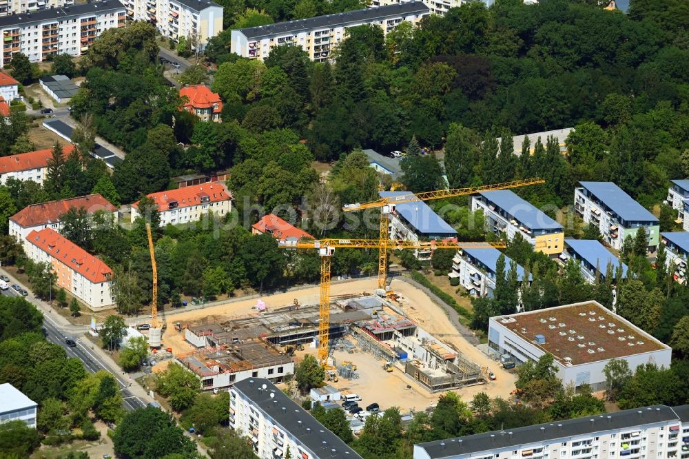 Dresden from the bird's eye view: New construction site of the school building on Karl-Marx-Strasse in the district Klotzsche in Dresden in the state Saxony, Germany