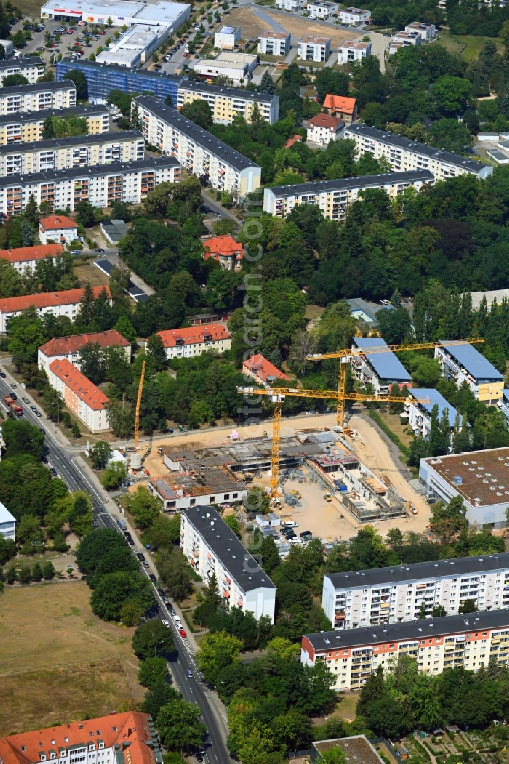 Aerial photograph Dresden - New construction site of the school building on Karl-Marx-Strasse in the district Klotzsche in Dresden in the state Saxony, Germany