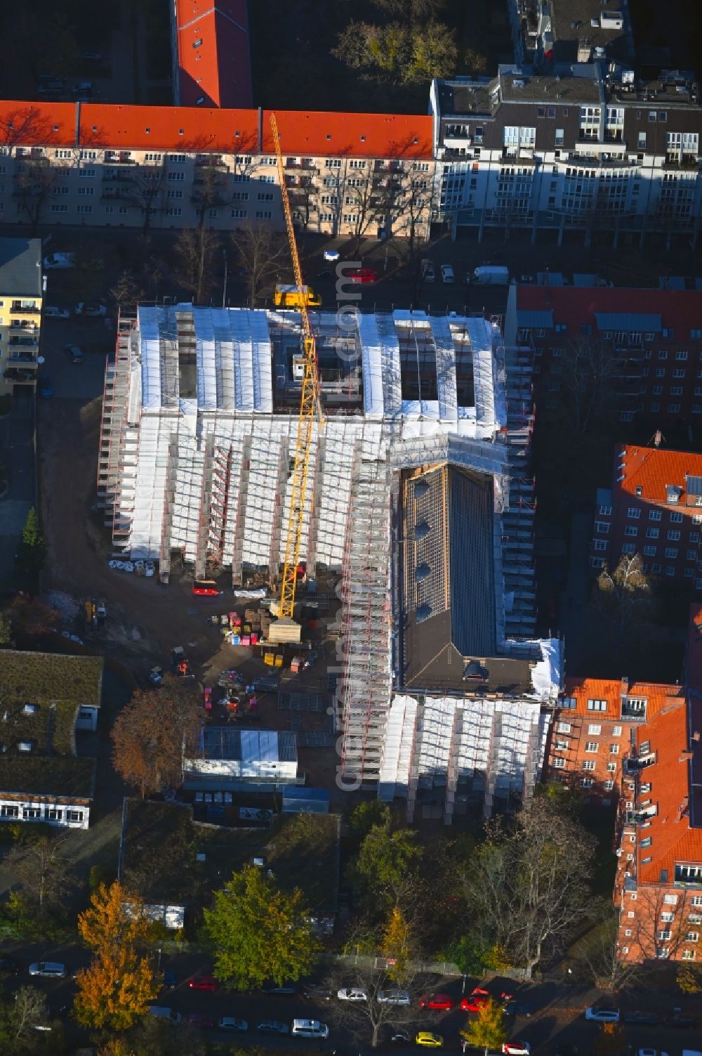 Berlin from above - New construction site of the school building Luise-Henriette-Gymnasium on Germaniastrasse - Goetzstrasse in the district Tempelhof in Berlin, Germany