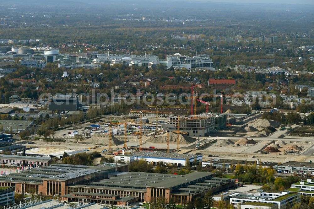 München from above - New construction site of the school building on street Heidemannstrasse in the district Freimann in Munich in the state Bavaria, Germany