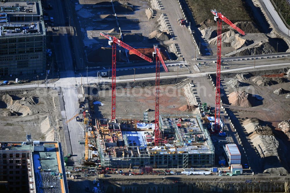 München from above - New construction site of the school building on street Heidemannstrasse in the district Freimann in Munich in the state Bavaria, Germany