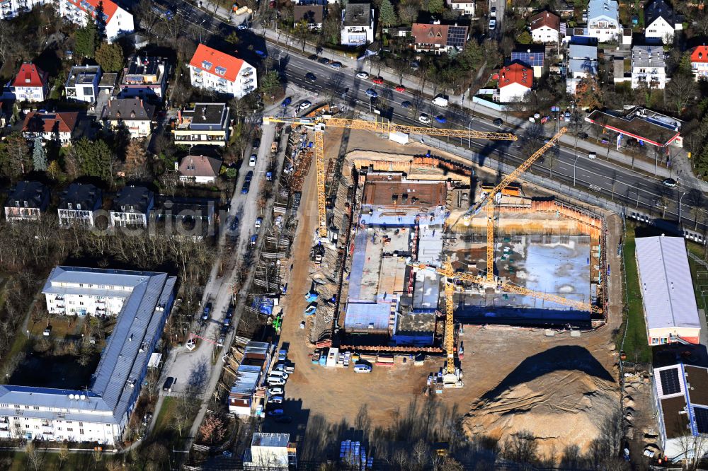 München from above - New construction site of the school building of Realschule on street Allacher Strasse - Franz-Mader-Strasse in the district Moosach in Munich in the state Bavaria, Germany