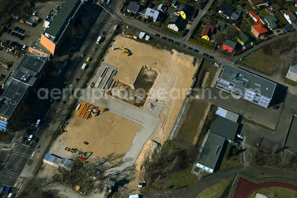 Berlin from above - New construction site of the school building on Rennbahnstrasse in the district Weissensee in Berlin, Germany