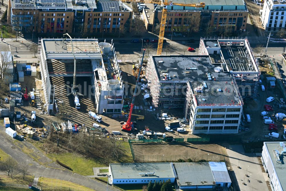 Berlin from the bird's eye view: New construction site of the school building on Rennbahnstrasse in the district Weissensee in Berlin, Germany