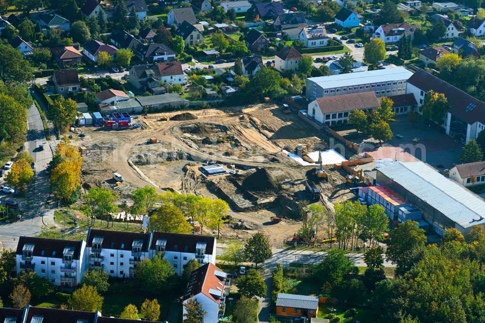 Bernau from above - new construction site of the school building Schule on Kirschgarten on street Ladeburger Chaussee in Bernau in the state Brandenburg, Germany
