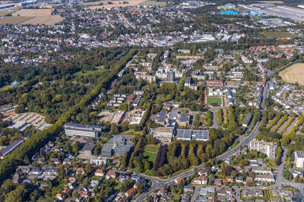 Aerial image Unna - New construction site of the school building with Continuing Education Center on Bildungscampus Unna in the district Alte Heide in Unna in the state North Rhine-Westphalia, Germany