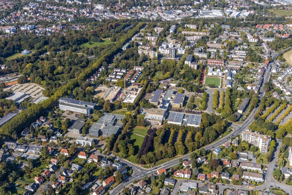 Unna from above - New construction site of the school building with Continuing Education Center on Bildungscampus Unna in the district Alte Heide in Unna in the state North Rhine-Westphalia, Germany
