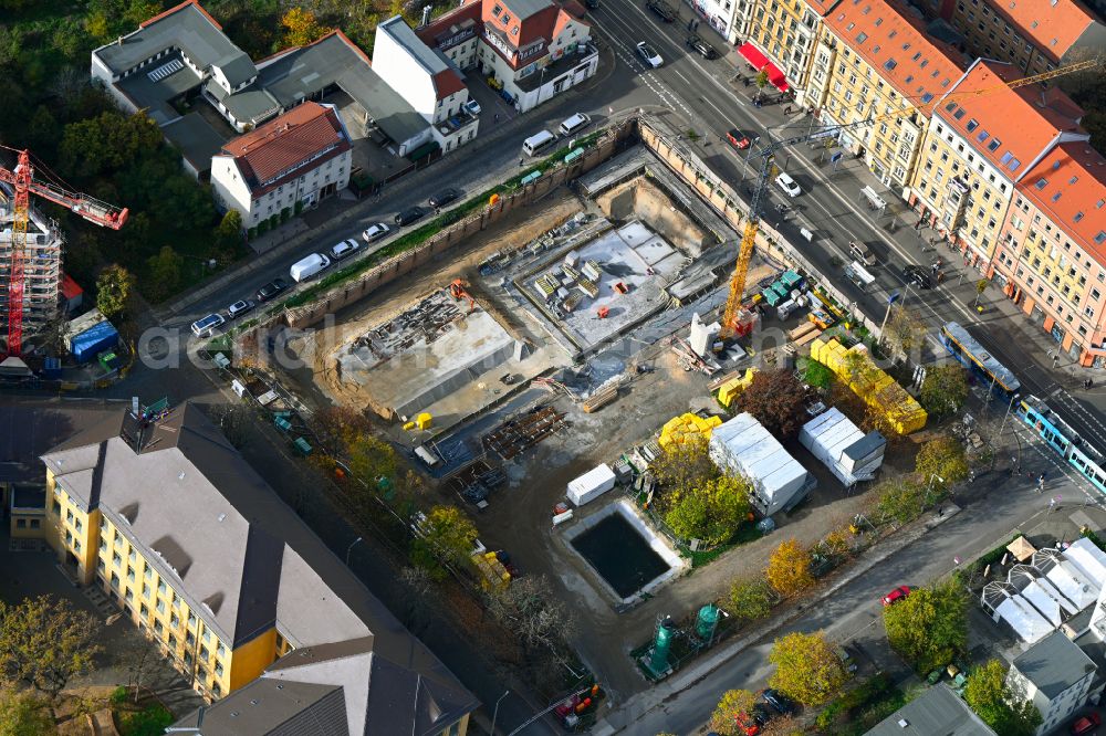 Aerial image Leipzig - Construction site for the new building of the indoor swimming pool on place Otto-Runki-Platz on street Neustaedter Strasse in the district Neustadt-Neuschoenefeld in Leipzig in the state Saxony, Germany