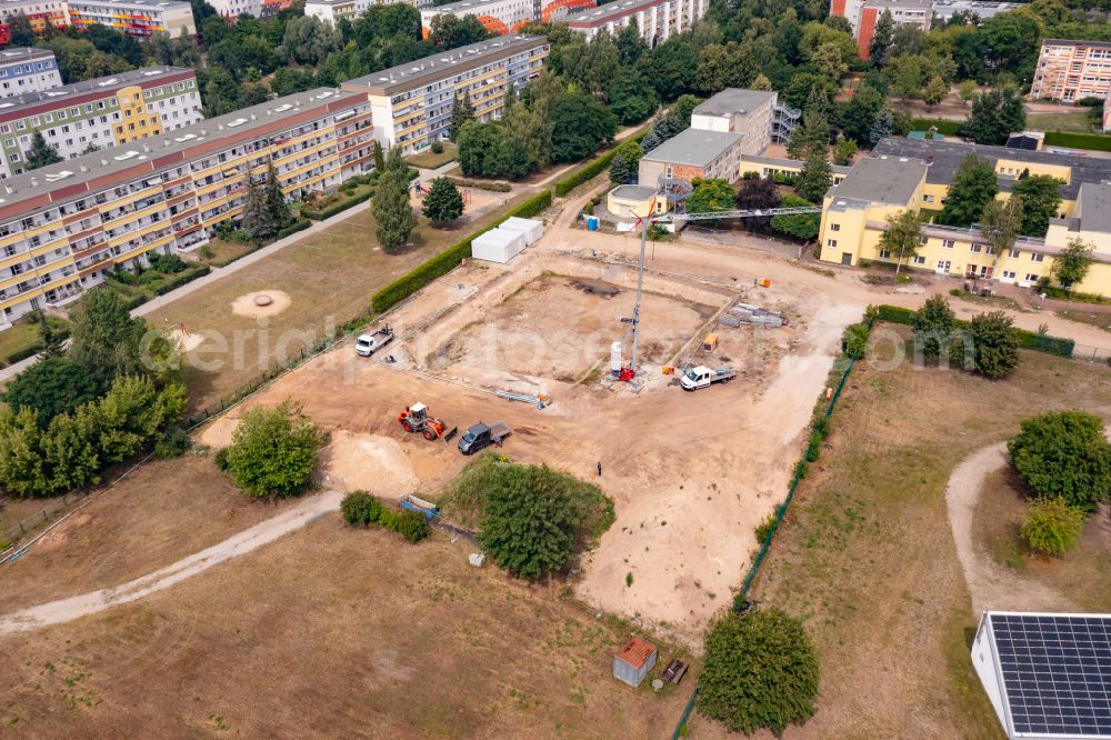 Aerial image Schwedt/Oder - Construction site for the new build retirement home Haus Harmonie in Schwedt/Oder in the Uckermark in the state Brandenburg, Germany