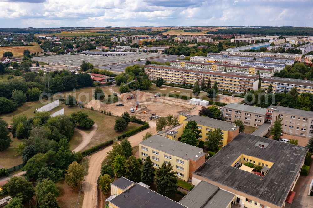Aerial photograph Schwedt/Oder - Construction site for the new build retirement home Haus Harmonie in Schwedt/Oder in the Uckermark in the state Brandenburg, Germany