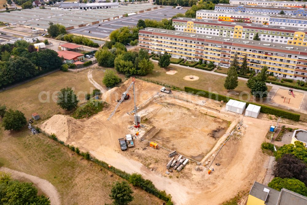 Schwedt/Oder from above - Construction site for the new build retirement home Haus Harmonie in Schwedt/Oder in the Uckermark in the state Brandenburg, Germany