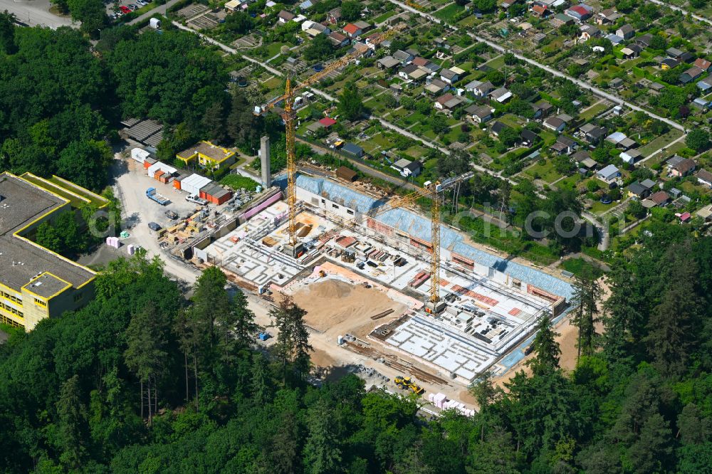 Karlsruhe from above - Construction site for the new construction of the gym and sports hall - three-field sports hall at the Engelbert-Bohn-School on street Joachim-Kurzaj-Weg in the district Oberreut in Karlsruhe in the state Baden-Wuerttemberg, Germany