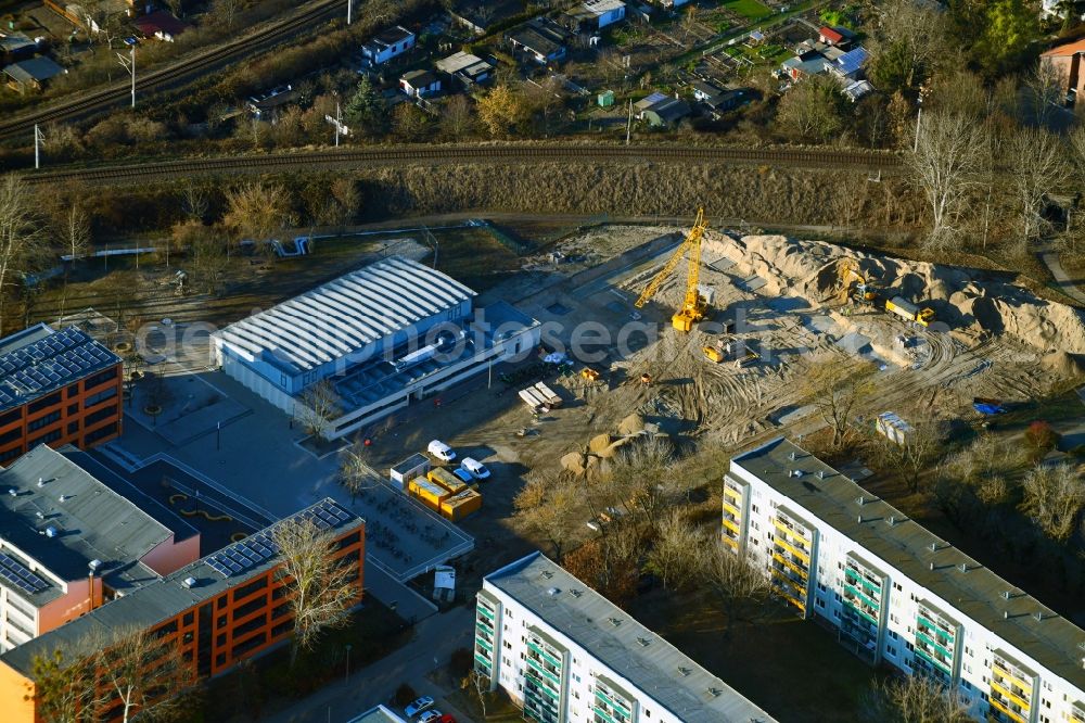 Potsdam from the bird's eye view: Construction site for the new sports hall on Haeckelstrasse in the district Potsdam West in Potsdam in the state Brandenburg, Germany