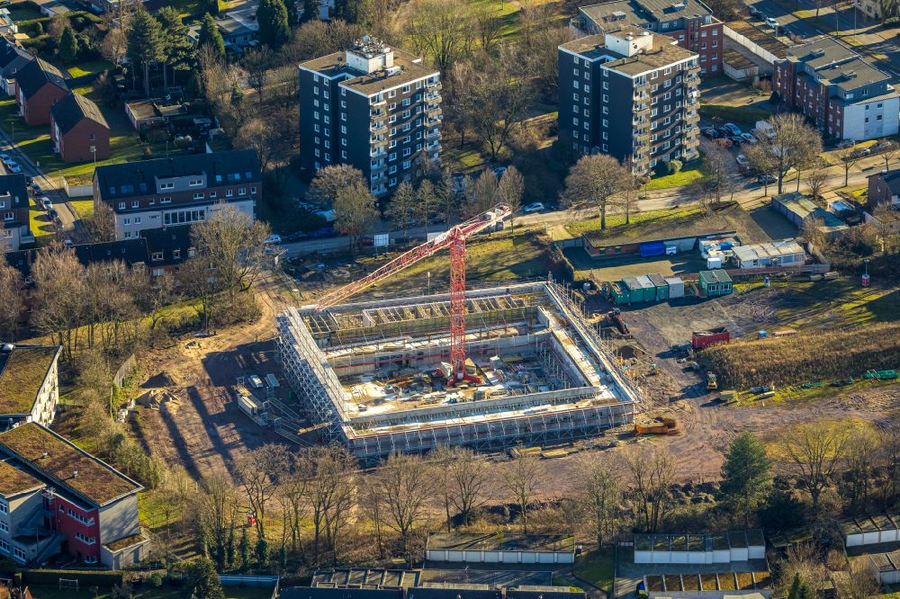 Bottrop from the bird's eye view: Construction site for the new sports hall of Josef-Albers-Gymnasium Bottrop on street Neustrasse in the district Stadtmitte in Bottrop at Ruhrgebiet in the state North Rhine-Westphalia, Germany