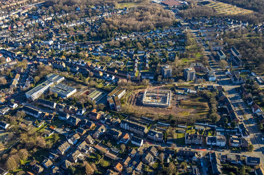 Aerial image Bottrop - Construction site for the new sports hall of Josef-Albers-Gymnasium Bottrop on street Neustrasse in the district Stadtmitte in Bottrop at Ruhrgebiet in the state North Rhine-Westphalia, Germany