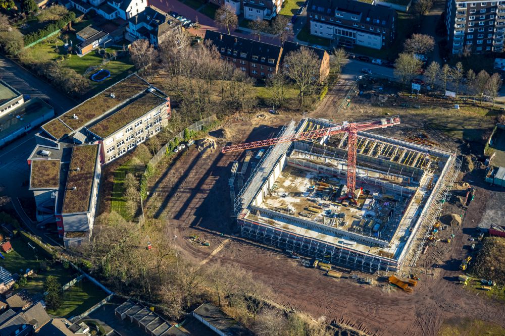 Bottrop from above - Construction site for the new sports hall of Josef-Albers-Gymnasium Bottrop on street Neustrasse in the district Stadtmitte in Bottrop at Ruhrgebiet in the state North Rhine-Westphalia, Germany